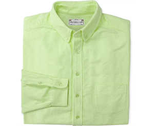 Looking straight at folded Chartreuse men's button down shirt made from chamois cotton fabric