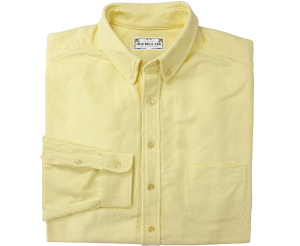 Looking straight at folded yellow men's button down shirt made from chamois cotton fabric