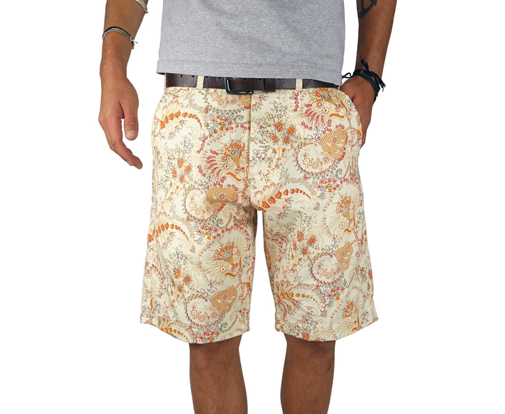 Front View Man Wearing Tan shorts With Graphic Design