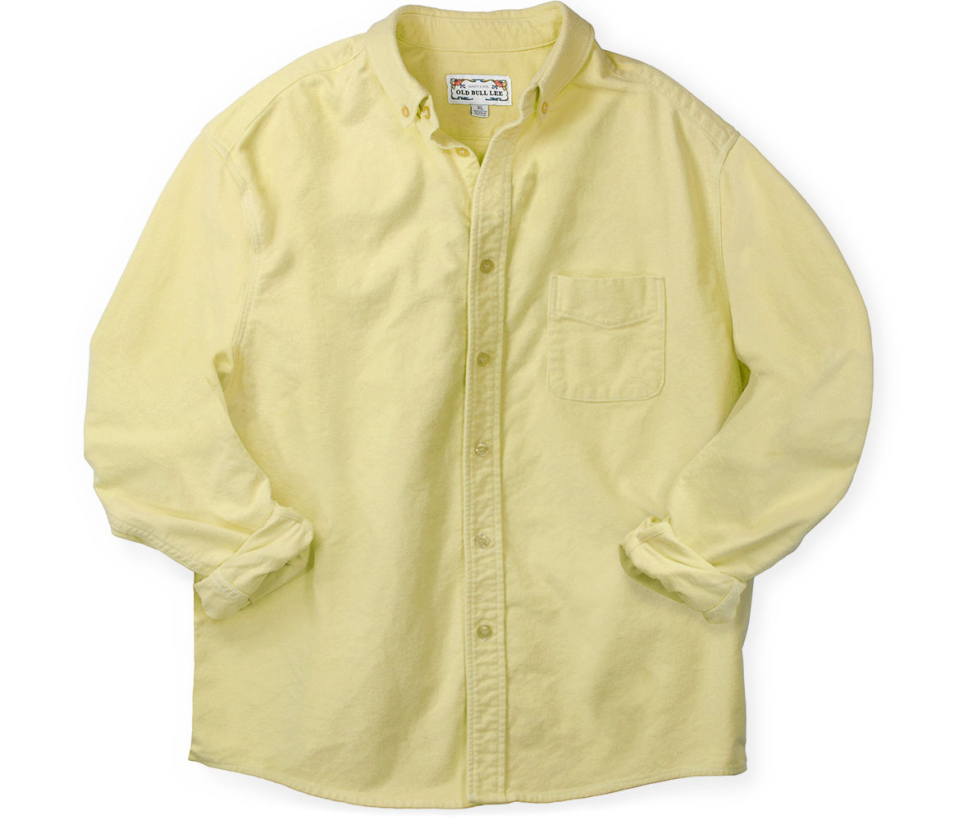 Front elevation of men's yellow long sleeve button down shirt made from chamois cotton fabric