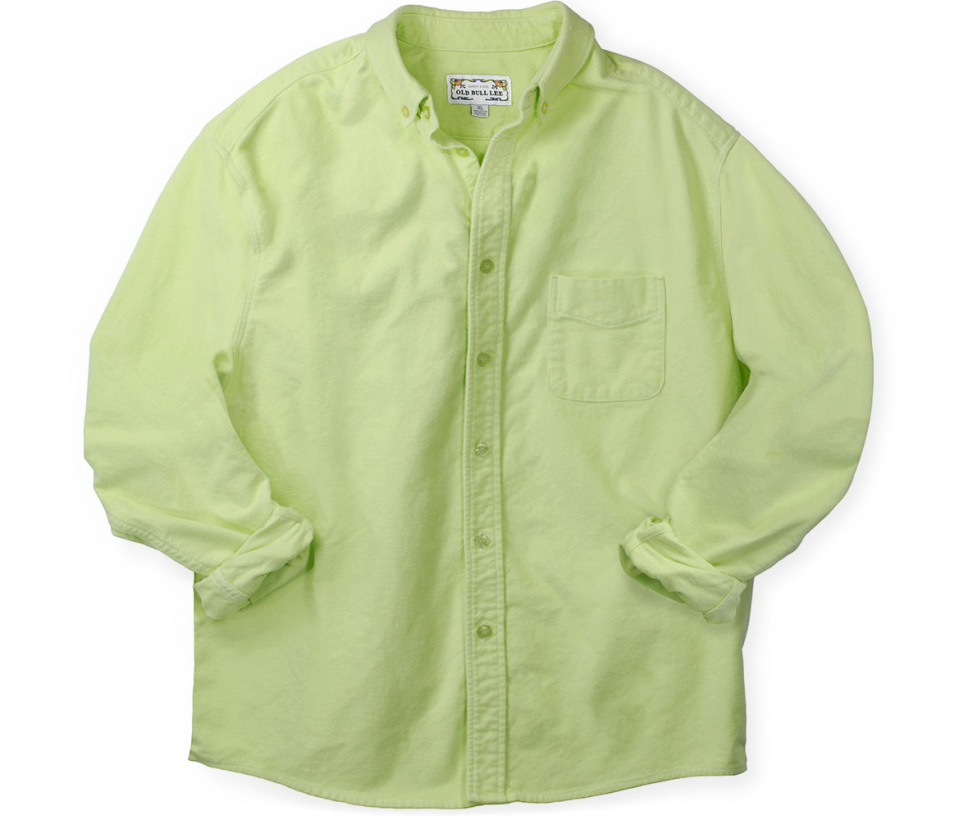 Front elevation of men's bright green long sleeve button down shirt made from chamois cotton fabric