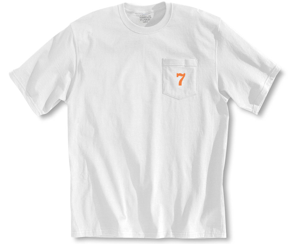 Front view men's white tee shirt - orange number seven screen printed on pocket