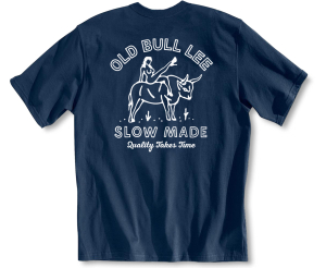 Back of men's navy t-shirt showing artwork with text  & illustration of girl and bull